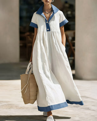 Shirt Collar Color Block Full Skirt Dress
