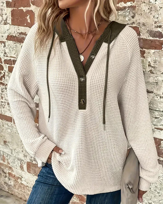 Color-Blocked Button V-Neck Hoodie