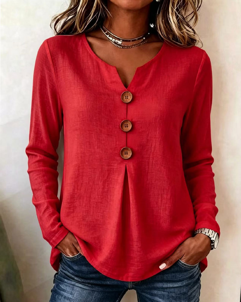 Solid Color V-Neck Buttoned Smocked Top