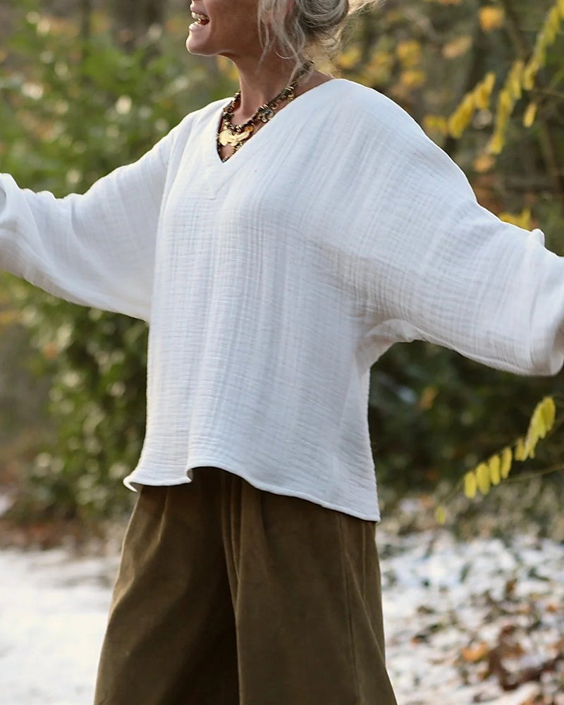 100% Cotton Fashion V-Neck Long-Sleeved Top