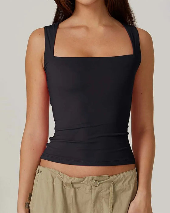 Square Neck Ribbed Solid Tank Top