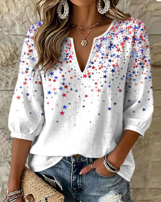 V-Notch Neck Star Print Blouses