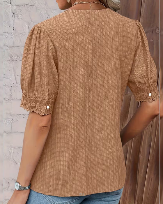 Lace Patchwork V-Neck Puff Sleeve Blouse