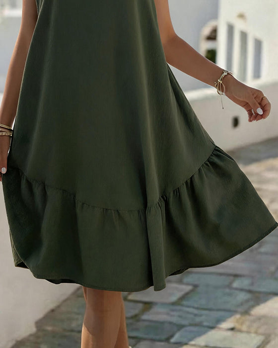 Crew Neck Mesh Ruffled Patchwork Dress