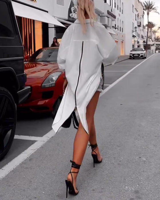 Solid color lapel slit casual shirt