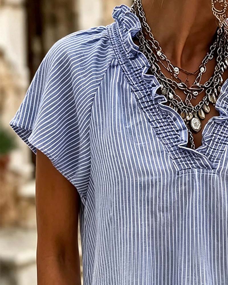 V-Neck Stripe Ruffle Blouse
