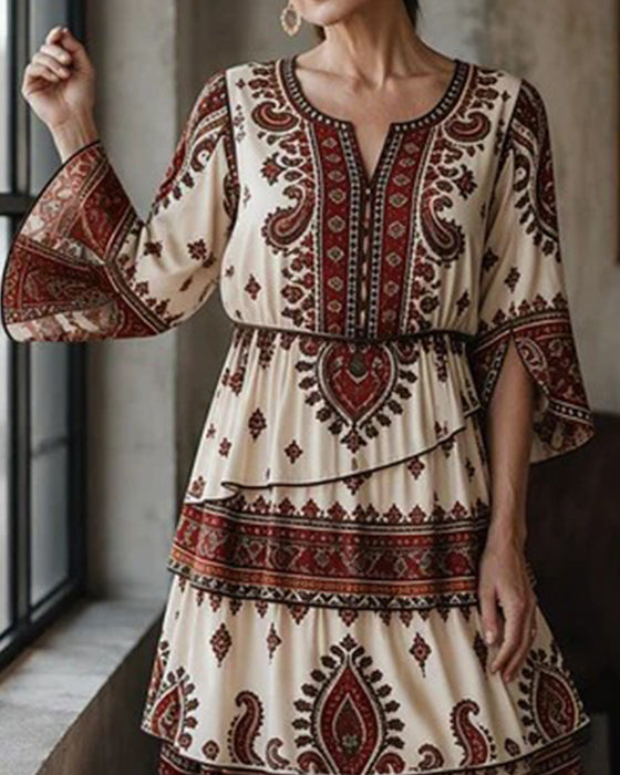 Printed Crew Neck Short-Sleeve Dress