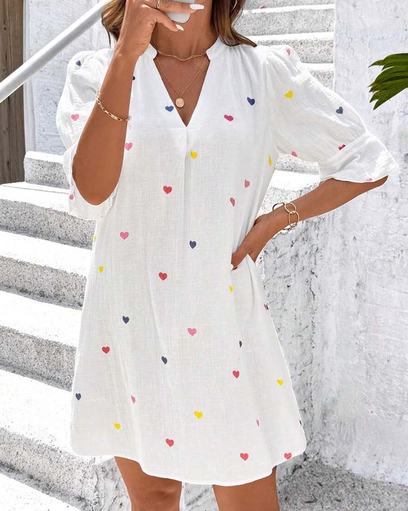 Colorful Heart Print V-Neck Dress