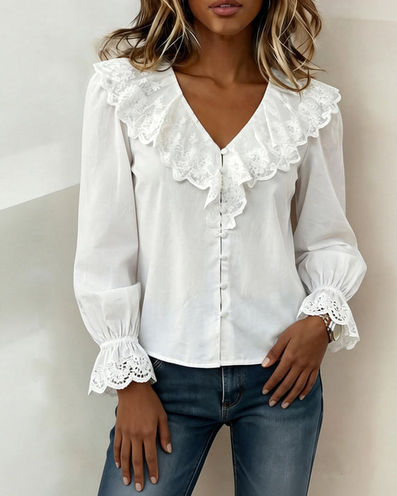 V-Neck Lace Trim Single Breasted Blouse