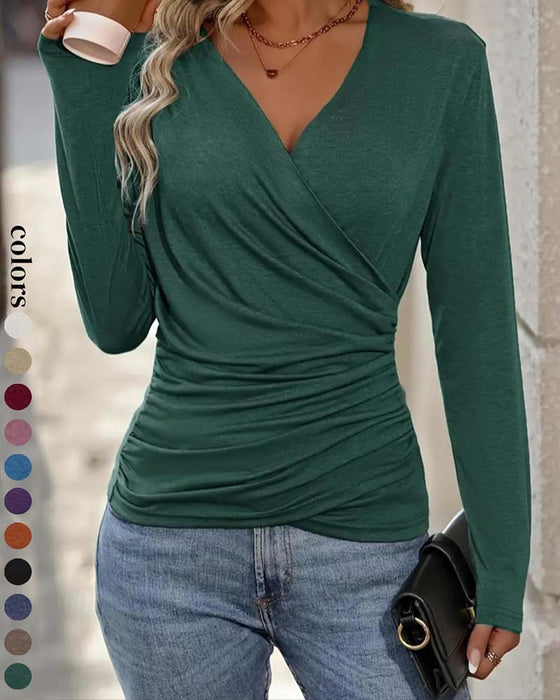 V-Neck Cross Shirred Blouse