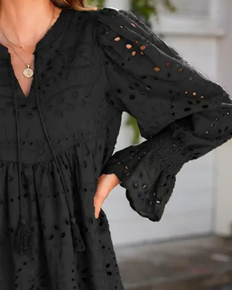 Hollow-Out Long-Sleeve Tie-Waist A-Line Dress
