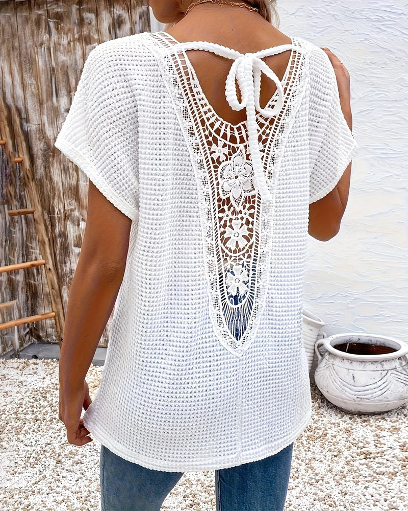 V-Neck Waffle Knit Lace Tie Back T-Shirt