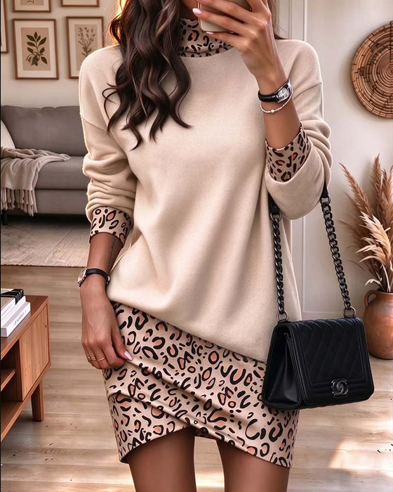 High Collar Leopard Print Slim Dress
