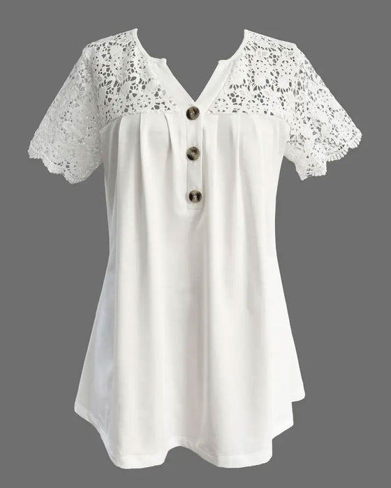 Hollow Lace Patchwork Pleated T-Shirt