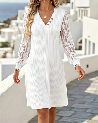 V-Neck Ribbed Lace Patchwork Dress