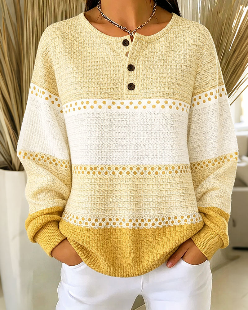 Color Block Waffle Knit Henley Pullover Sweatshirt