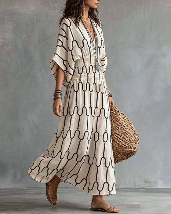 V-Neck Geometric Pattern A-Line Dress