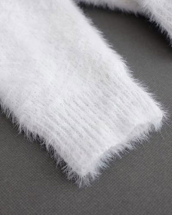 Chain Detail Off-The-Shoulder Fluffy Pullover