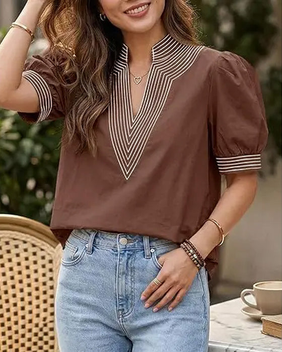 V-Neck Bubble Sleeve Striped Blouse
