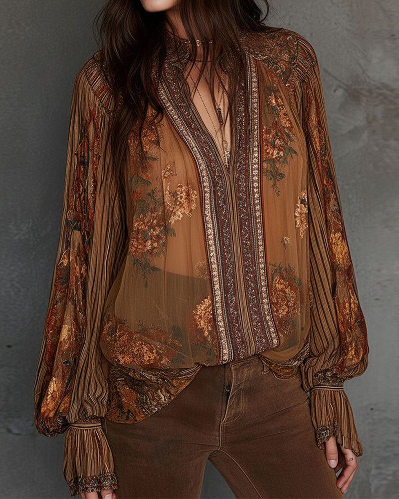 V-Neck Bohemian Style Floral Blouse
