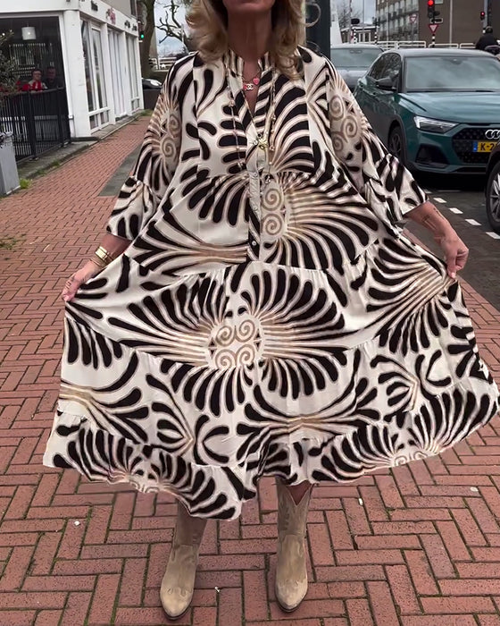 Printed  V neck Flare Sleeve  dress