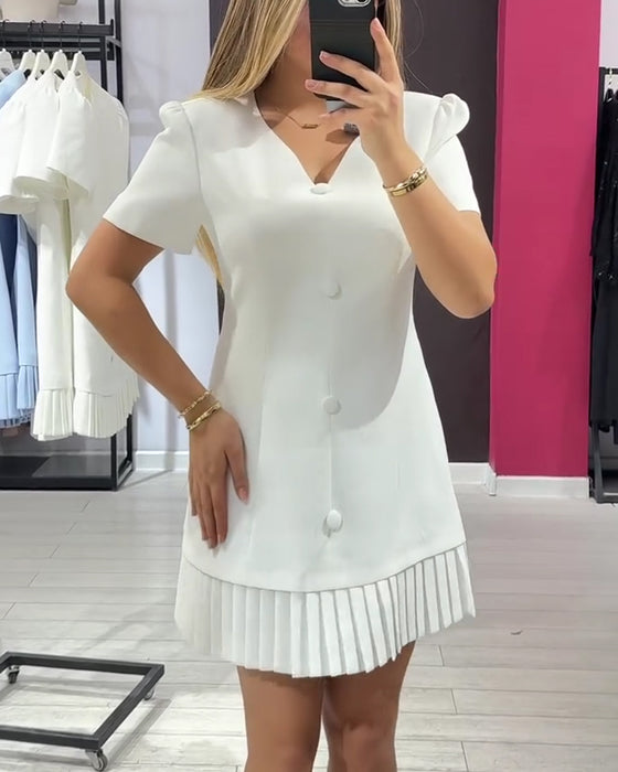 Solid Color Elegant V-Neck Pleated Dress