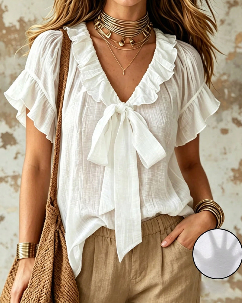 Tie-Up Ruffled Short-Sleeve Blouse