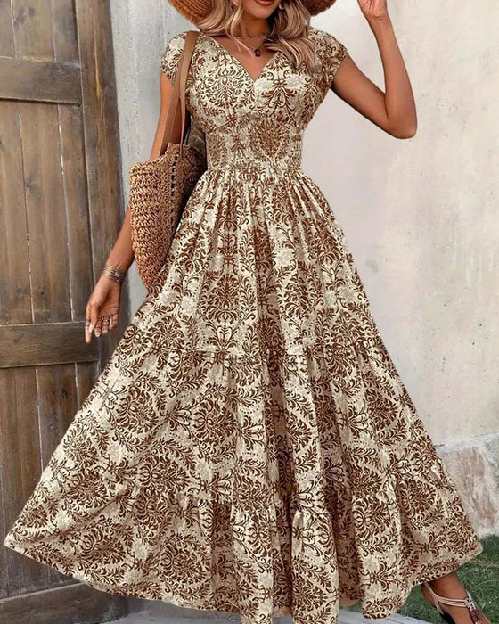 Retro Print V-Neck Cinched Waist Long Dress