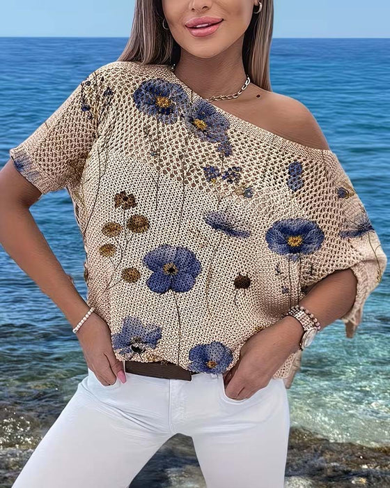 Crew Neck Floral Hollow Out Loose Pullover
