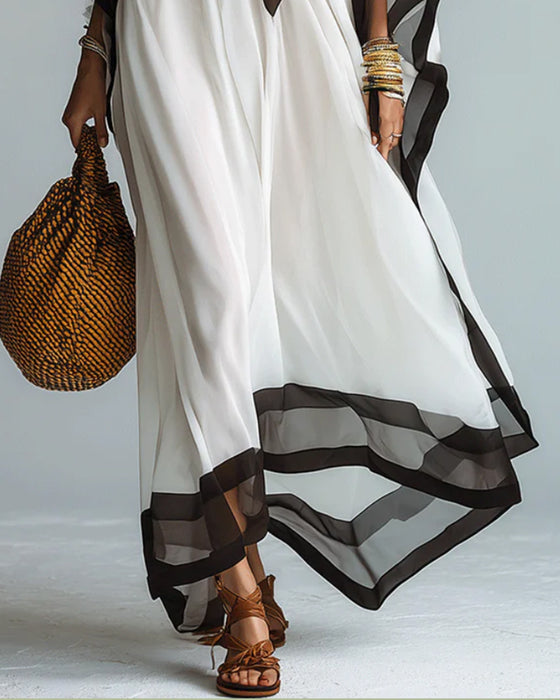 Deep V Batwing Sleeve Color Block Irregular Long Dress