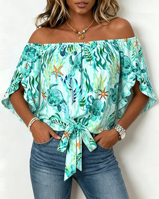 Ocean Print Off-Shoulder Tie Blouse