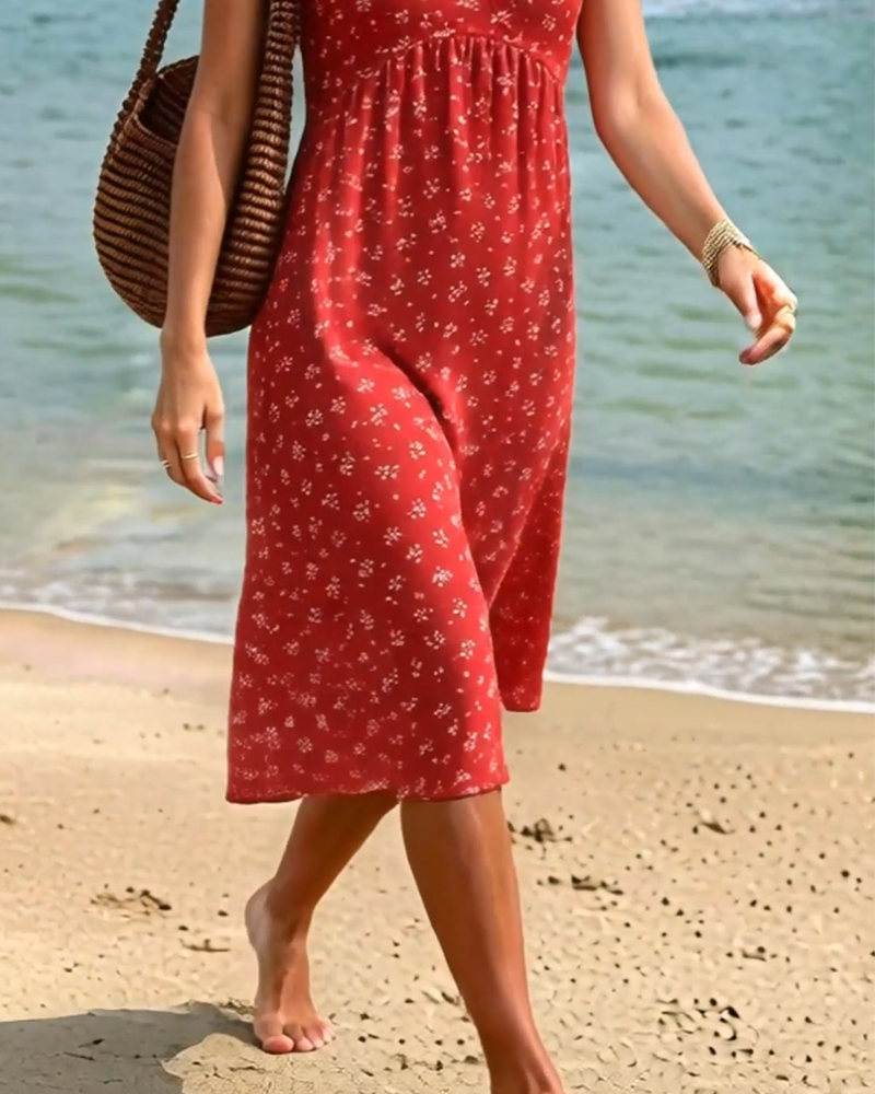 V-Neck Floral Small Flying Sleeves Dress