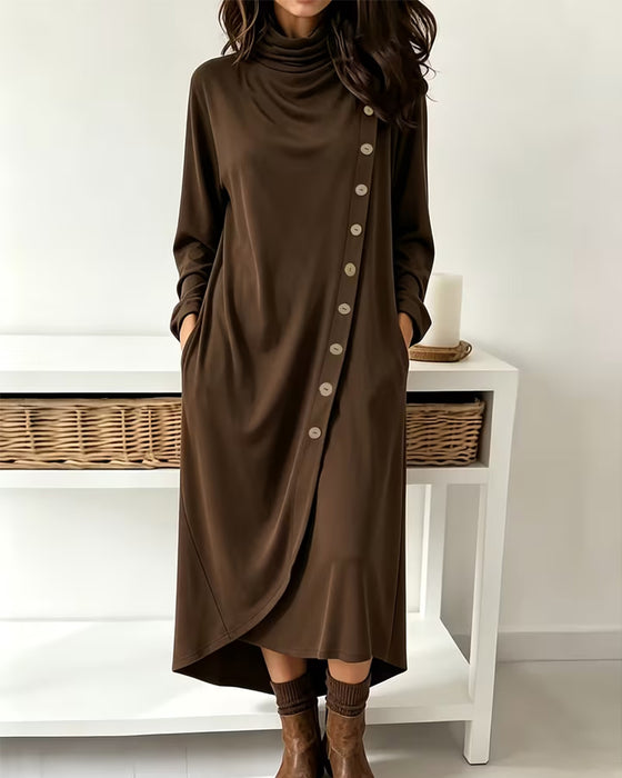 Cowl Neck Button Crossover Irregular Dress