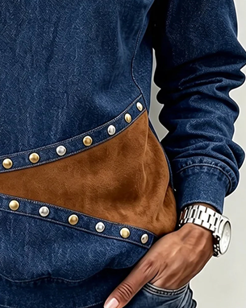 Crew Neck Denim Spliced Color Block Top
