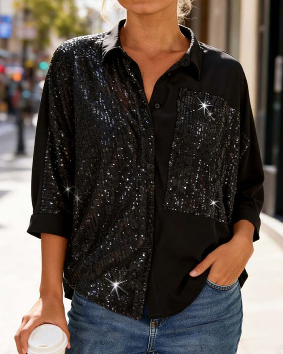 Stylish Solid-Color Patchwork Lapel Shirt