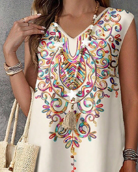 Ethnic Style Print Sleeveless Slit Long Dress