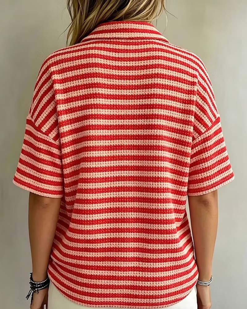 Polo Collar Striped Button-Front Blouse