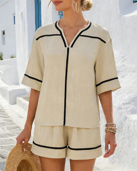 V-Neck Contrast Casual Loose Set