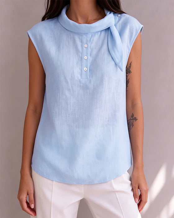 Bow Button Sleeveless Blouse