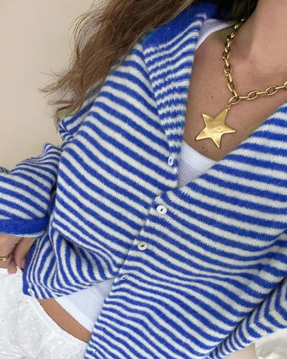 Crew Neck Button Front Striped Pullover