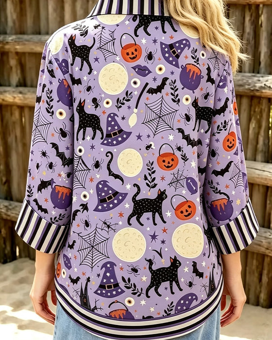 Lapel Button Stripe Halloween Blouse