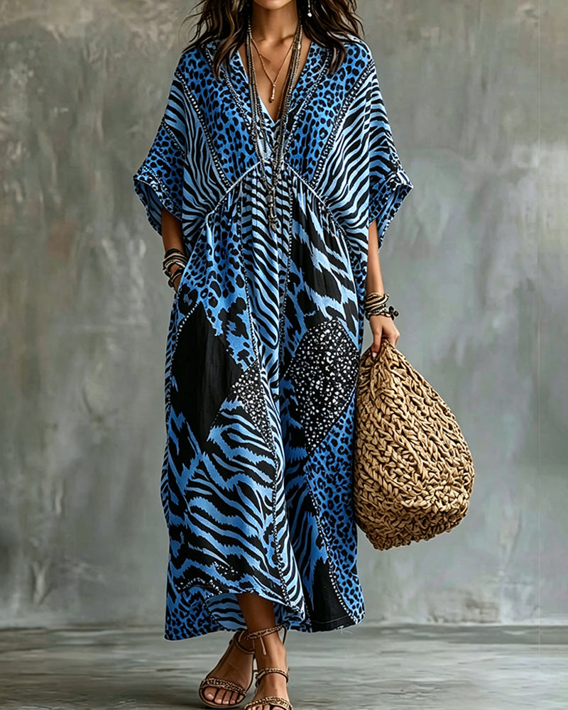 V-Neck Leopard Print Bat Sleeve Dress