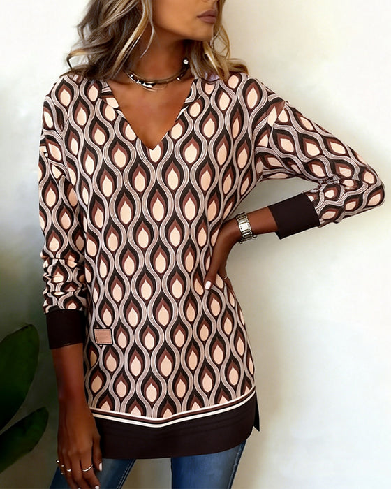 V-Neck Long Sleeve Color-Blocking Geometric Top