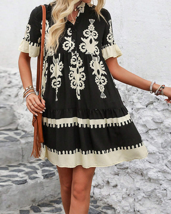 Printed short sleeve button up elegant dress