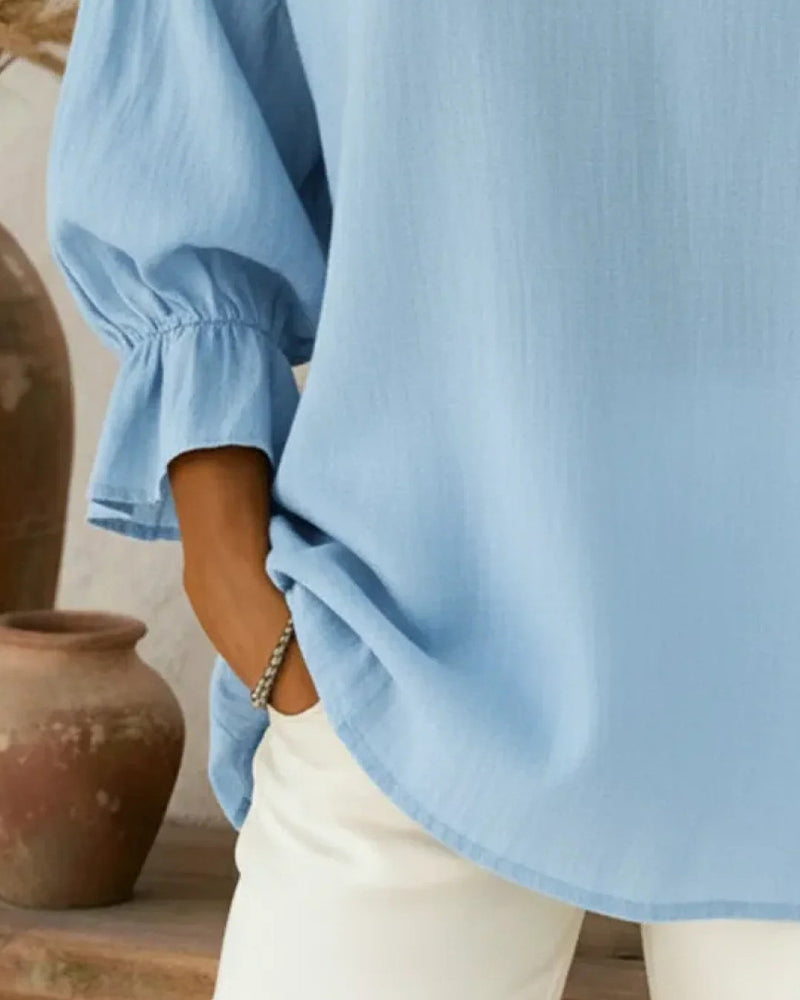 Lantern-Sleeve Ruffled-Collar Blouse