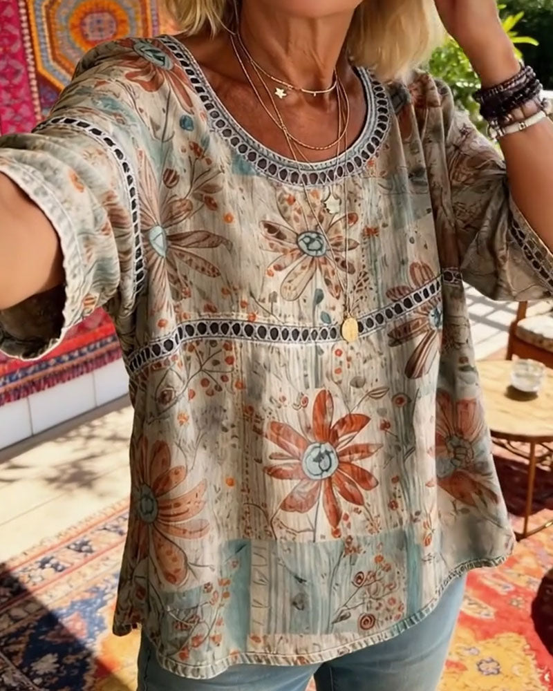 Hollow-Out Round Neck Printed Top