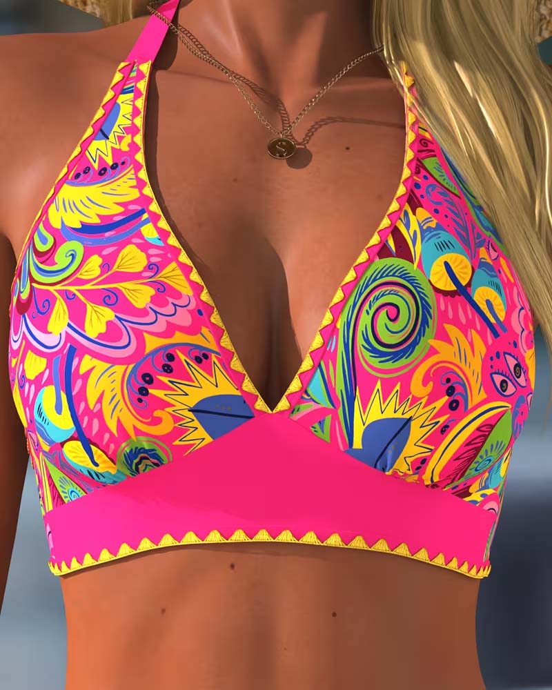 Contrast Pattern Halterneck Bikini