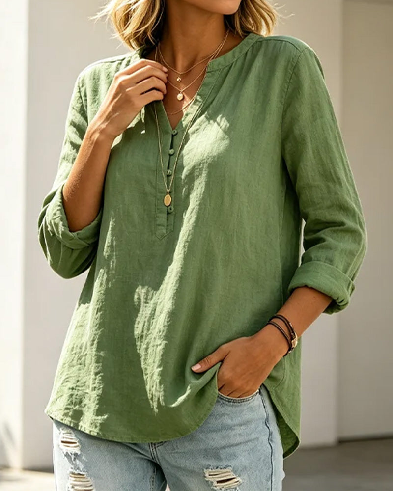 Long Sleeve V-Neck Button Blouse