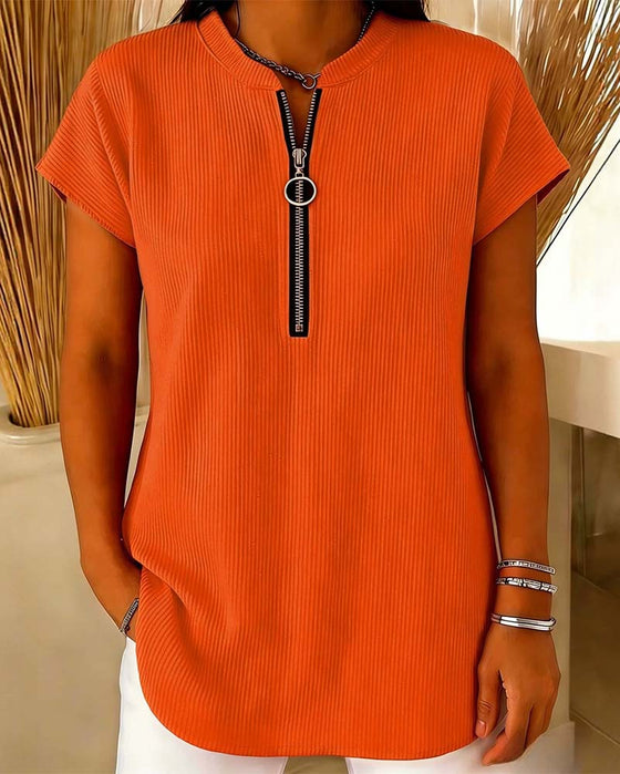 Solid Short Sleeve Zip Blouse