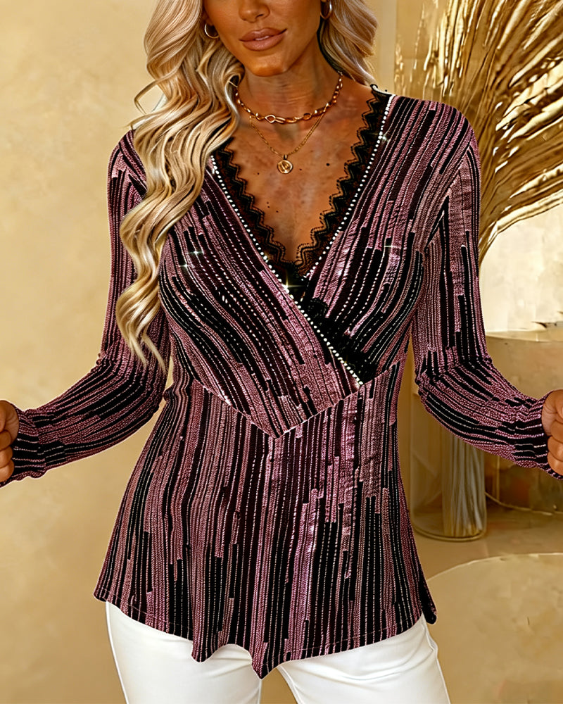 Fine Glitter V-Neck Lace Patchwork Top